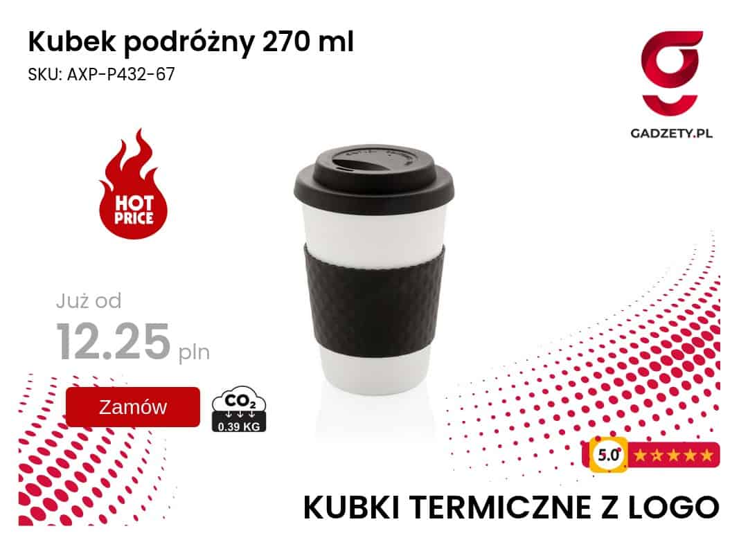 Kubek podróżny 270 ml Termiczny kubek z logo 270 ml, idealny na kawę i herbatę, z personalizacją i izolacją termiczną.