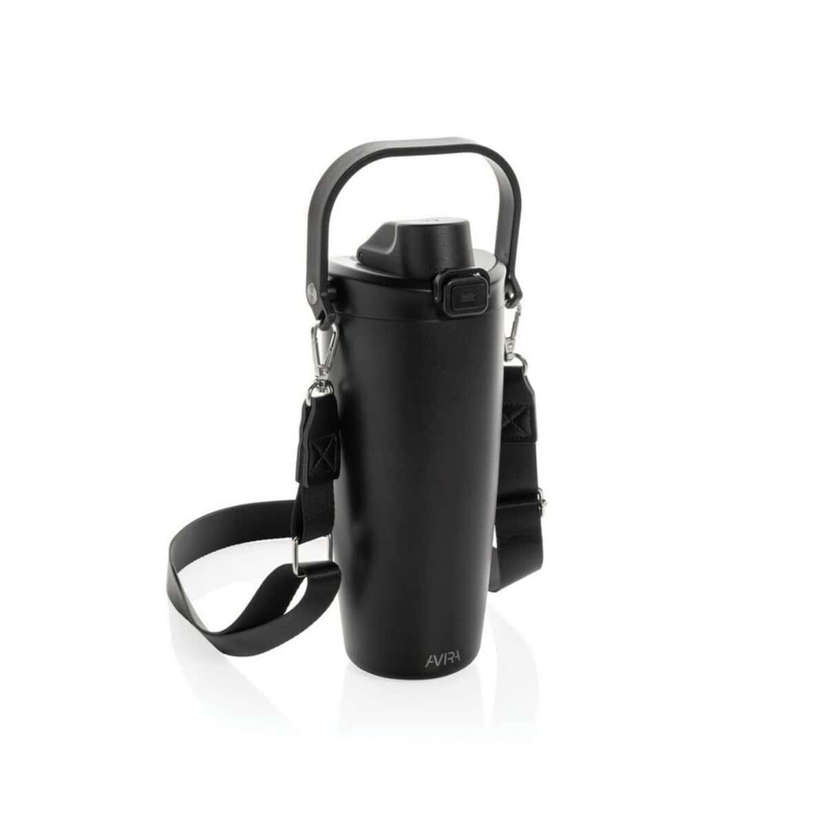 Butelka termiczna z paskiem, czarna, idealna na gadżety promocyjne i upominki firmowe.