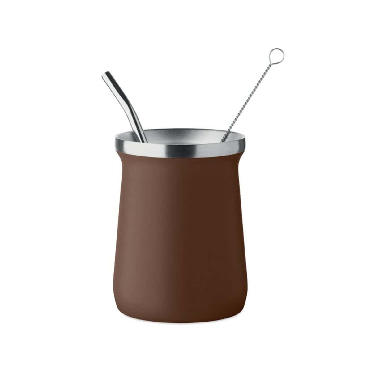 Termiczny kubek z metalową słomką i pokrywką, idealny na napoje na wynos.