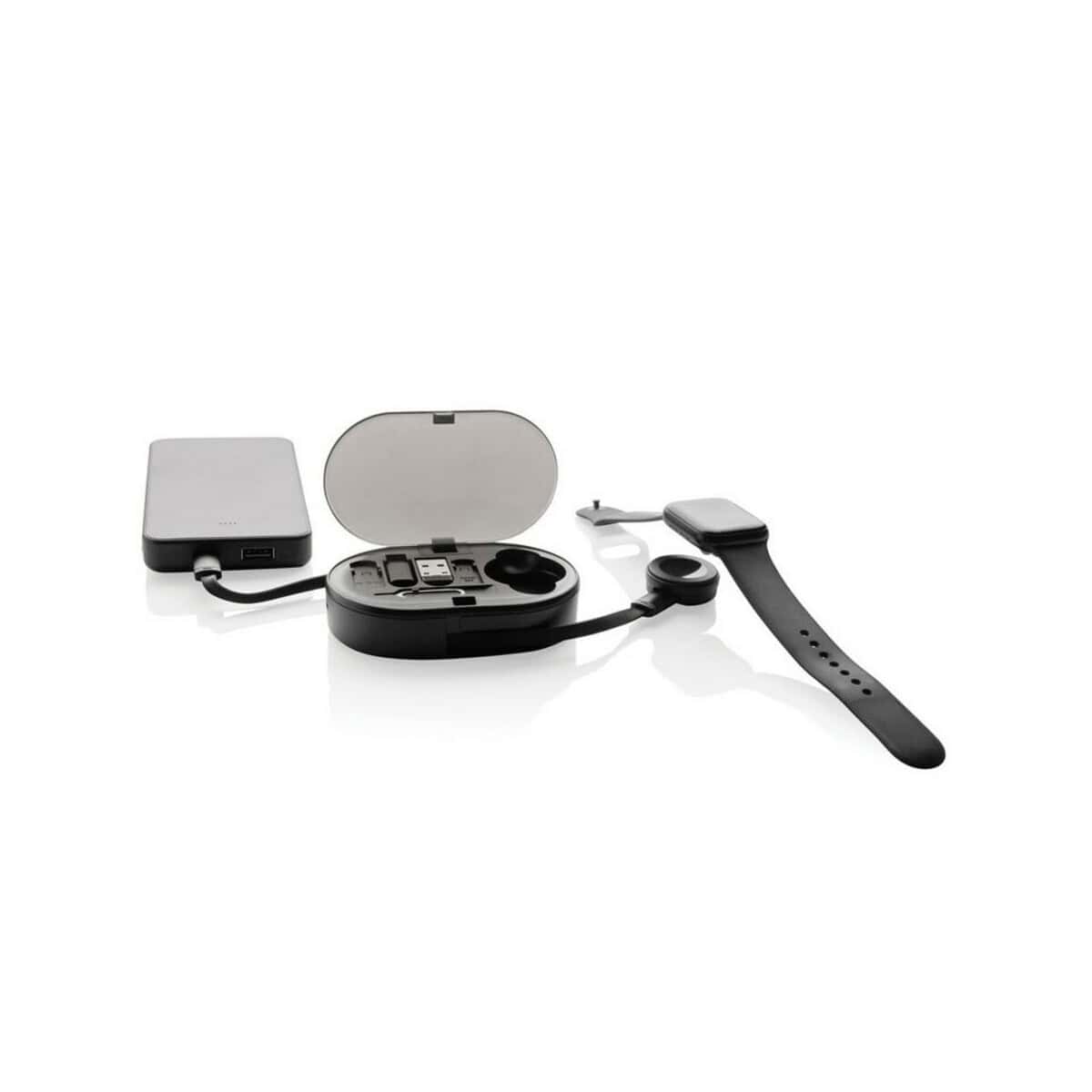 Gadżety elektroniczne do codziennego użytku Akcesoria elektroniczne, smartwatch i powerbank na biurko.