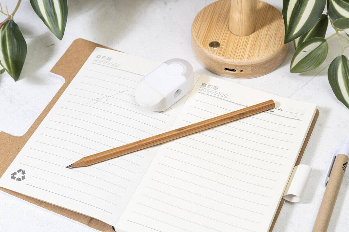 Długopis i notes na biurku z roślinami Długopis i notes na biurku z roślinami, idealne gadżety biurowe do organizacji pracy.