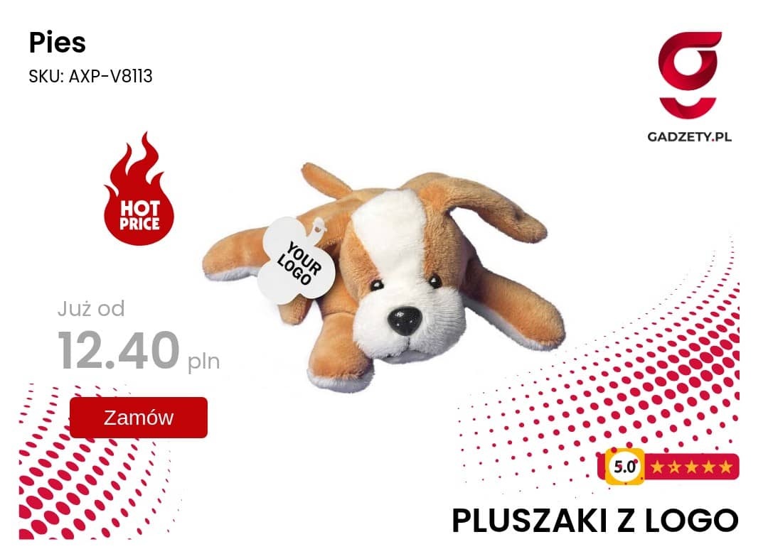 Pies Pluszowa maskotka pies z logo na gadżety.pl.