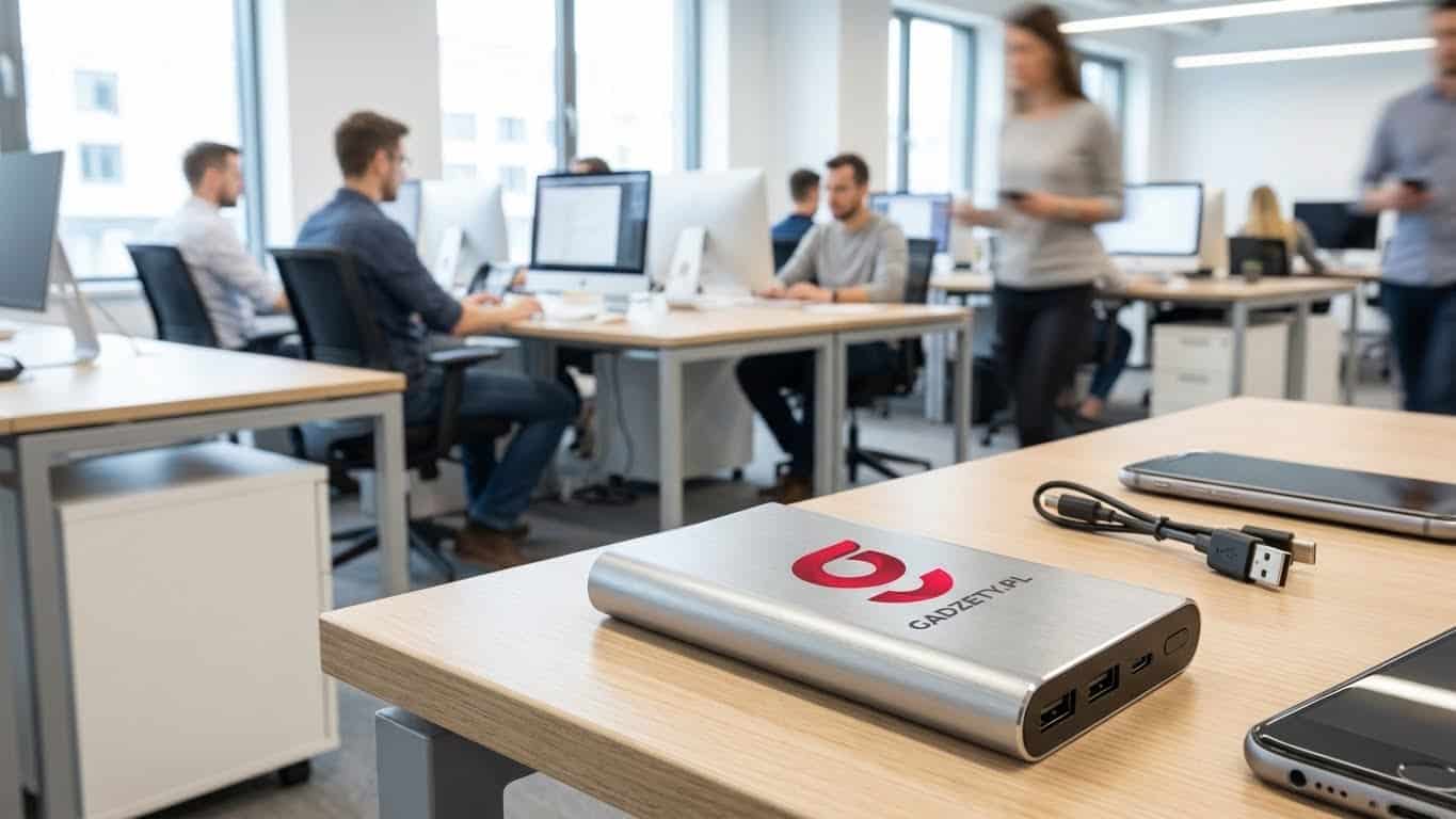 Przenośny powerbank z logo firmy na biurku w nowoczesnym biurze. Idealny gadżet promocyjny dla praco.