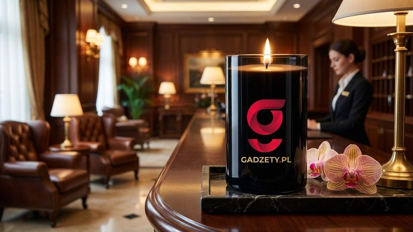 Świeca z logo Gadzety.pl na eleganckim tle recepcji.