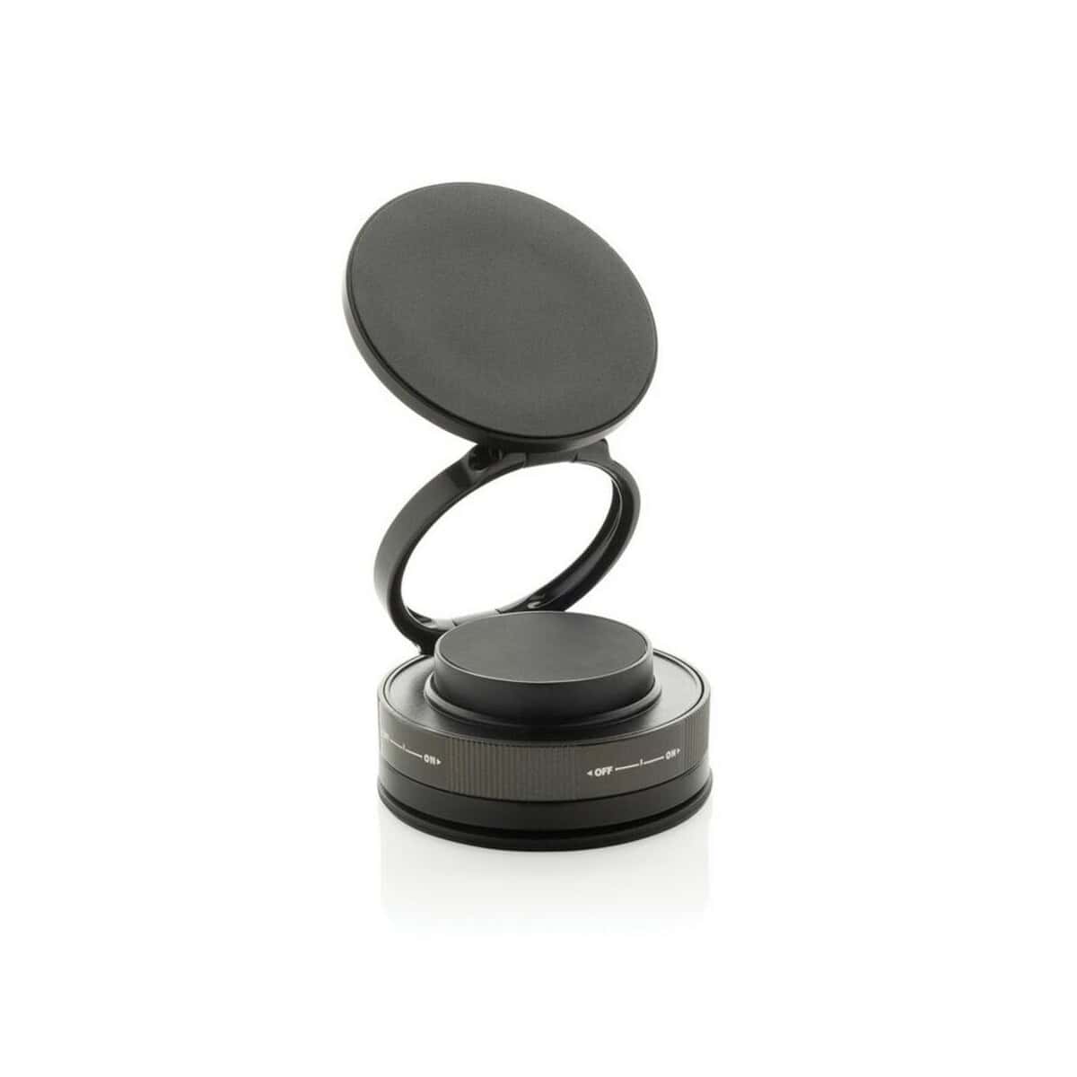 Przenośny lusterko z podświetleniem i miejscem na kosmetyki.