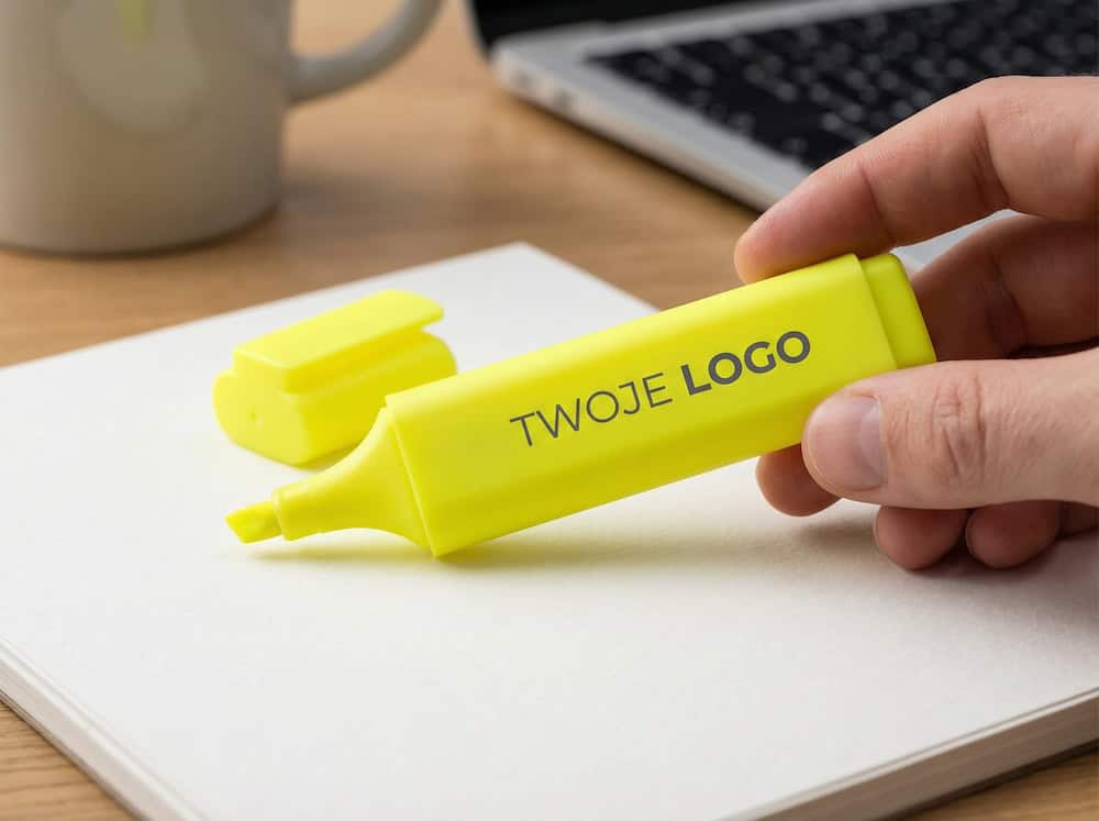 Logo na żółtym zakreślaczu do promocji firmy.