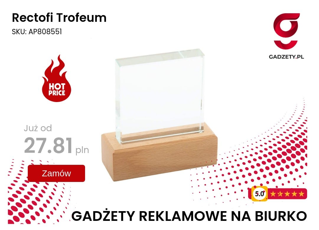Rectofi Trofeum Reklamowy gadżet na biurko z drewnianą podstawą i przezroczystą tabliczką.