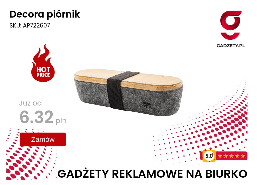 Decora piórnik Gadżet na biurko z drewnianym wieczkiem i szarym korpusem, idealny do promocji firmy.