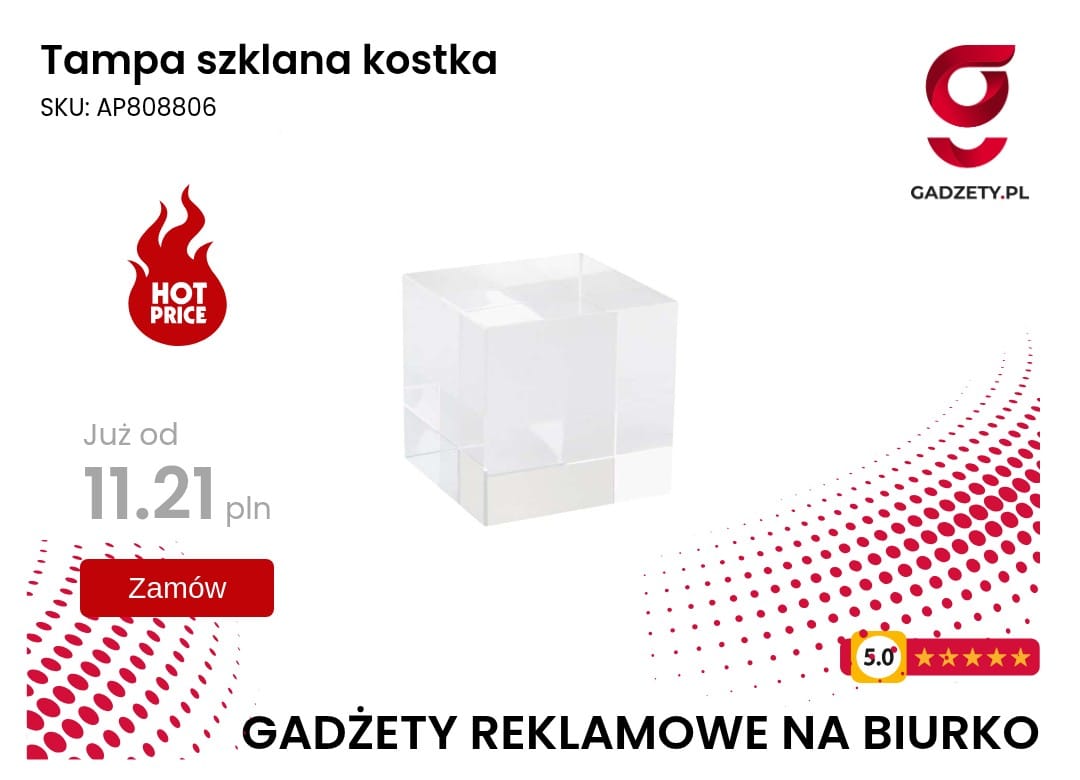 Tampa szklana kostka Przezroczysta szklana kostka na gadżety reklamowe, idealna do prezentacji produktów i upominków firm.