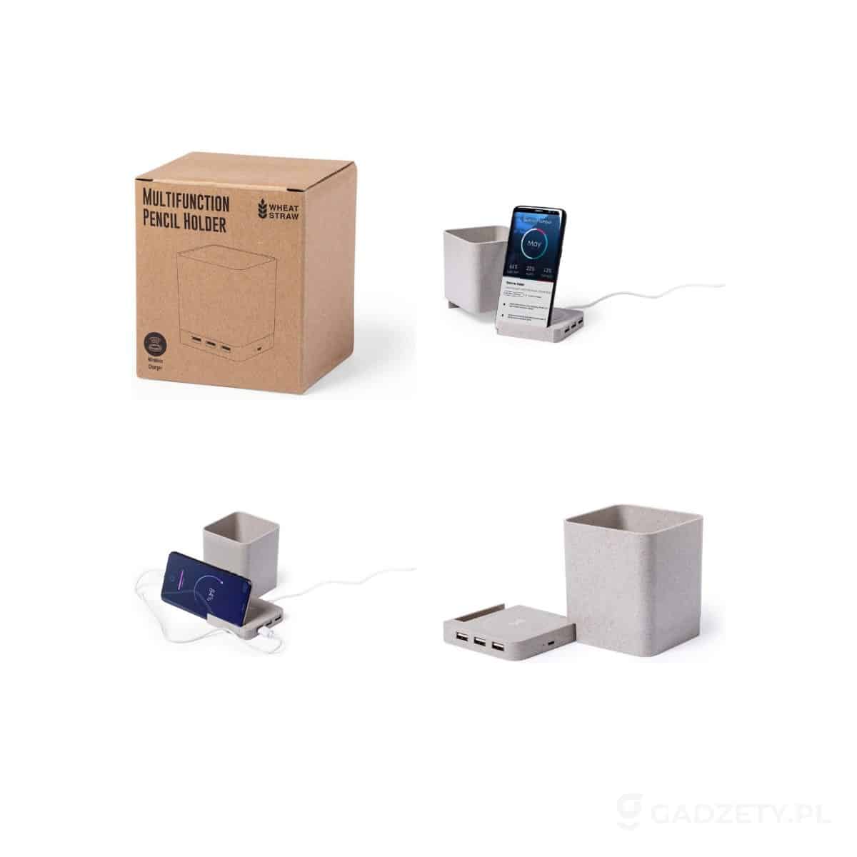 Ładowarka bezprzewodowa 5W ze słomy pszenicznej, hub USB 2.0, pojemnik na przybory do pisania, stojak na telefon – zdjęcia produktu