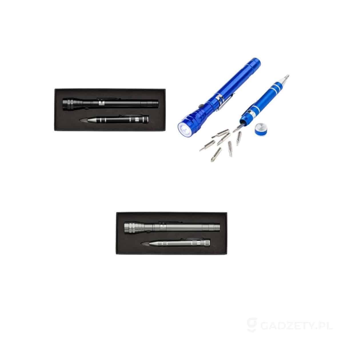 AXP-V8763-kolorow-watermark Zestaw narzędzi, śrubokręt, 8 końcówek, teleskopowa latarka 3 LED – dostępne kolory