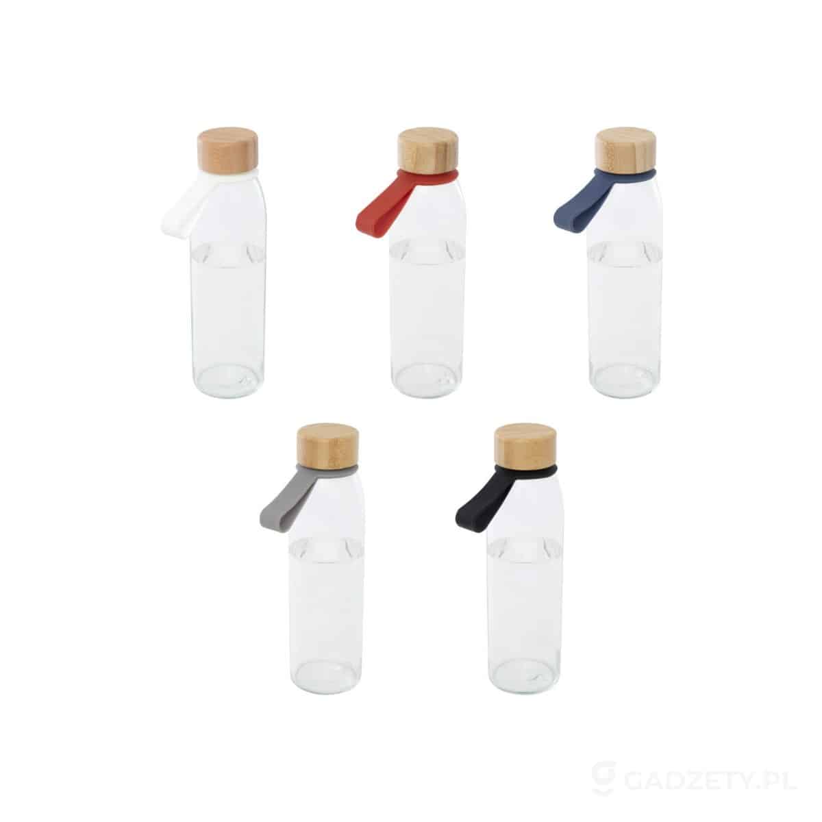 PFC-100853-kolorow-watermark Szklana butelka na wodę Porto o pojemności 500 ml, z silikonowym uchwytem i z bambusową zakrętką – dostępne kolory