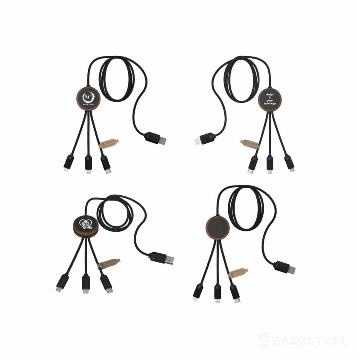 SCX.design C36 przedłużany kabel do ładowania z podświetlanym logo 3-w-1 rPET i z okrągłą bambusową obudową – zdjęcia produktu