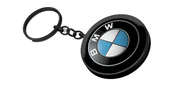 Okrągły brelok z logo BMW, czarny, stylowy gadżet samochodowy, idealny na prezent.