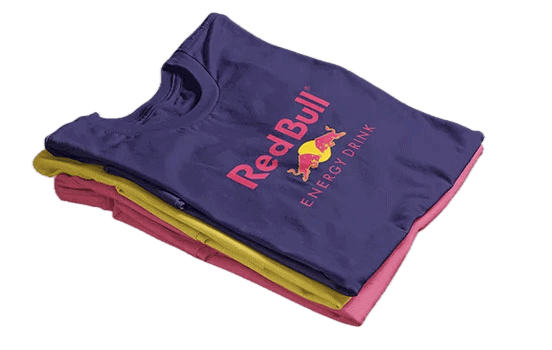 Stójka z nadrukiem Red Bull, koszulka reklamowa, gadżet promocyjny.