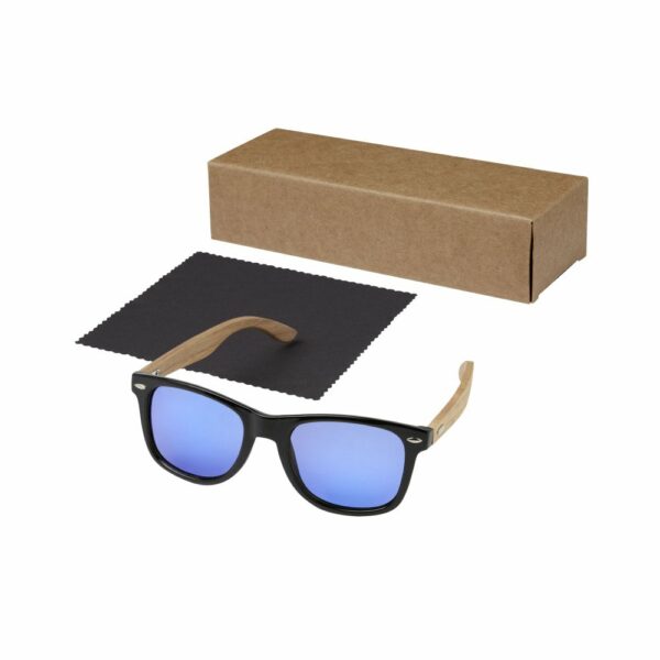 Lustrzane okulary przeciwsłoneczne wykonane z plastiku PET z recyklingu/drewna Hiru z polaryzacją w pudełku upominkowym